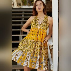 RO'S GARDEN 100% cotton white floral bee Sofia Garden tiered sleeveless dress S